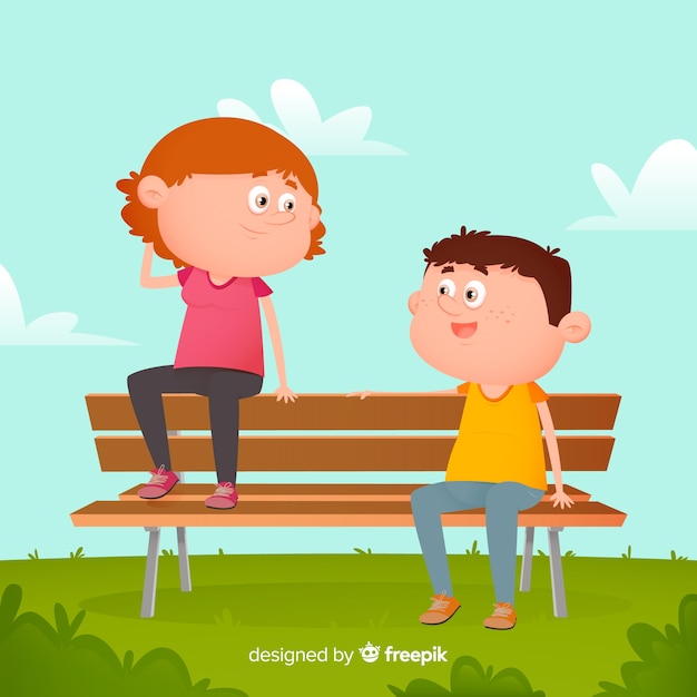 Free Vector boy and girl sitting on bench illustrated