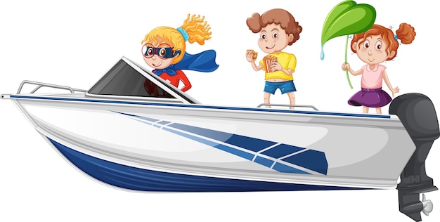 Free vector boy and girl standing on a speed boat on a white background