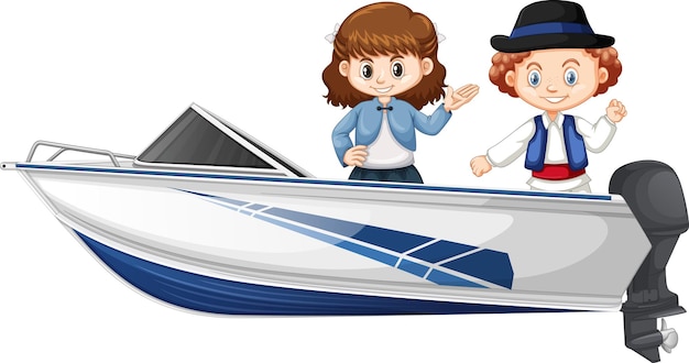 Free Vector boy and girl standing on a speed boat on a white background