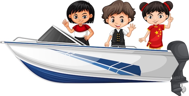 Free Vector boy and girl standing on a speed boat on a white background