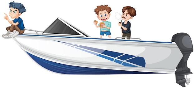 Boy and girl standing on a speeding boat on a white background