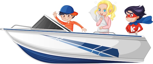 Free vector boy and girl standing on a speeding boat on a white background