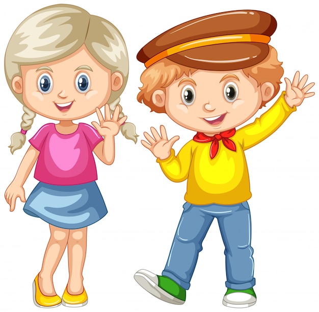 Boy and girl waving hands