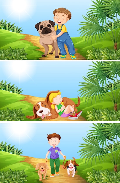 Free Vector boy and girl with pet dog illustration