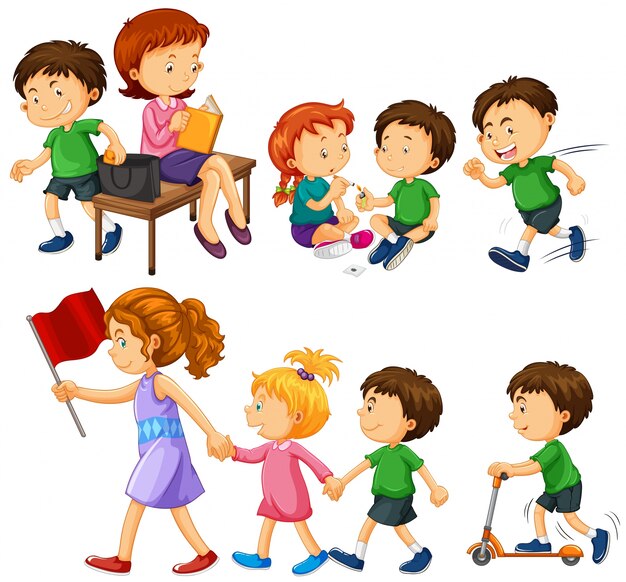 Boy in green shirt doing different activities illustration