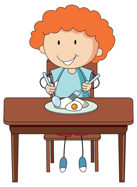 A boy having breakfast doodle cartoon character isolated