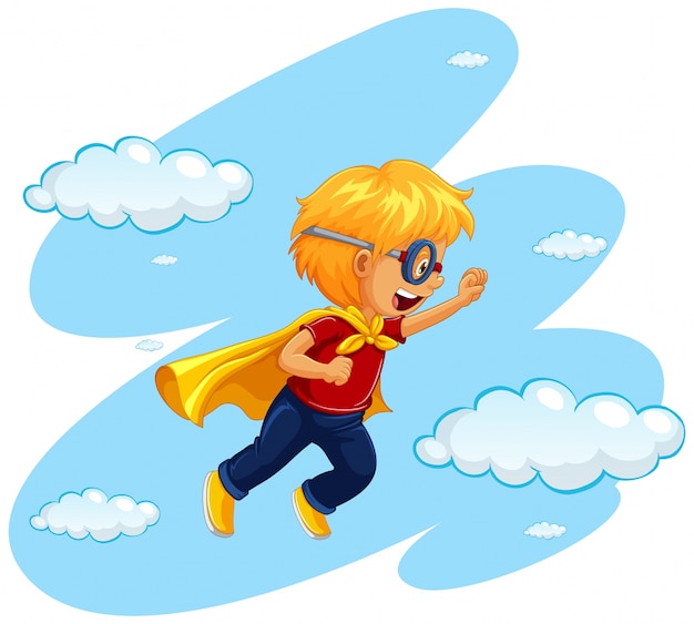 Free Vector boy in hero costume flying in sky