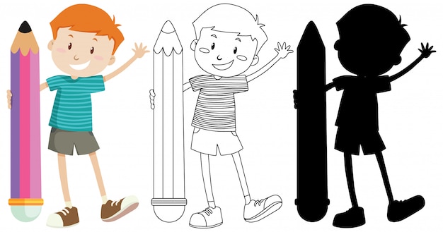 Boy holding big pencil in colour and outline and silhouette