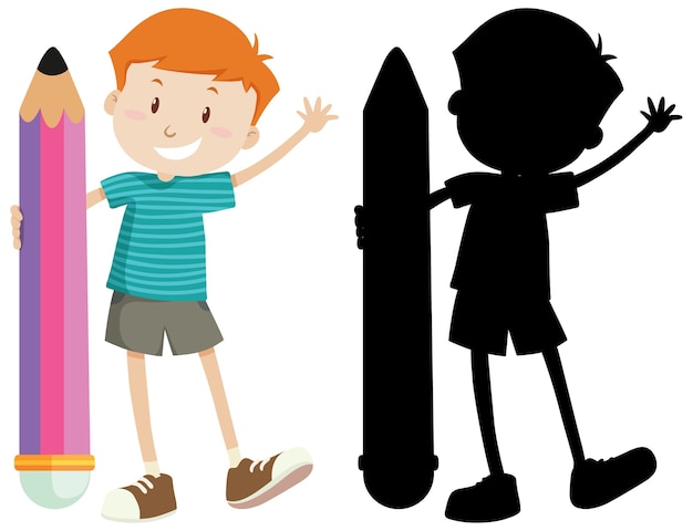 Free Vector boy holding big pencil in colour and silhouette