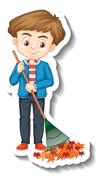 Free vector a boy holding broom cartoon character sticker