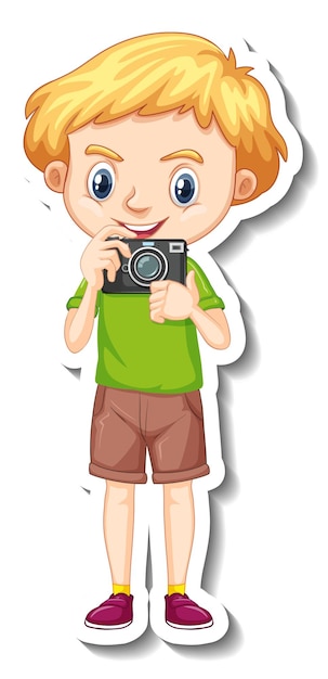 A boy holding camera cartoon character sticker