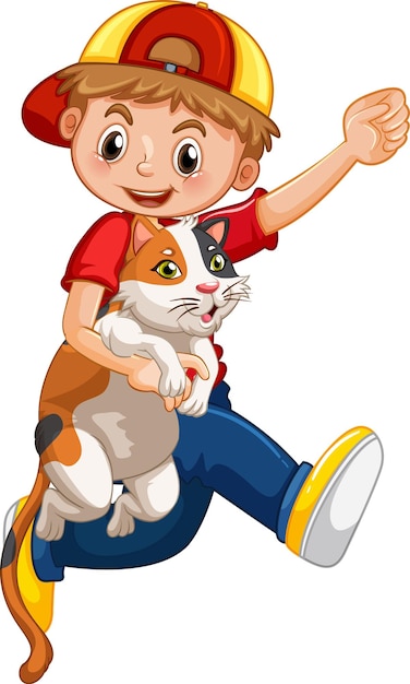 A boy holding cute cat cartoon character isolated on white background