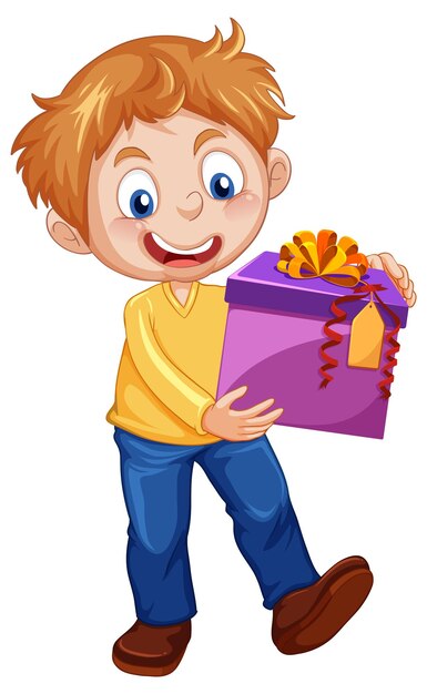 A boy holding a gift box cartoon character on white background