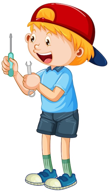 A boy holding hand tools on white background