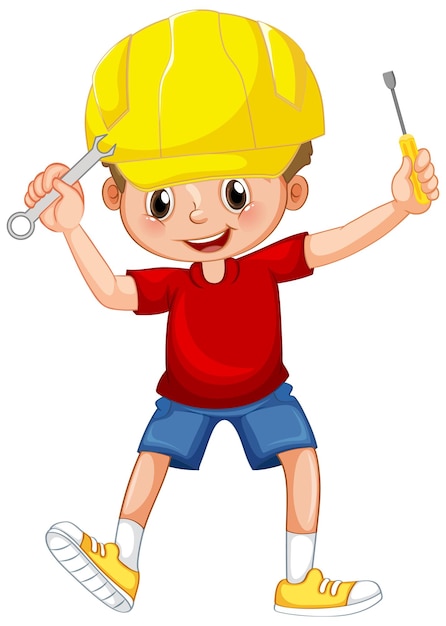 Free Vector a boy holding hand tools on white background