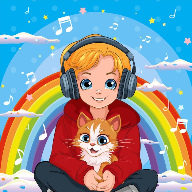 Free Vector boy holding pet sitting on the floor listening to music with hea