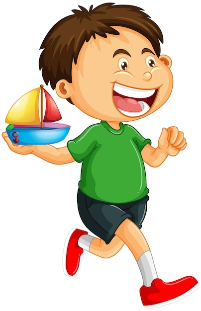 A boy holding a ship toy cartoon character isolated on white background