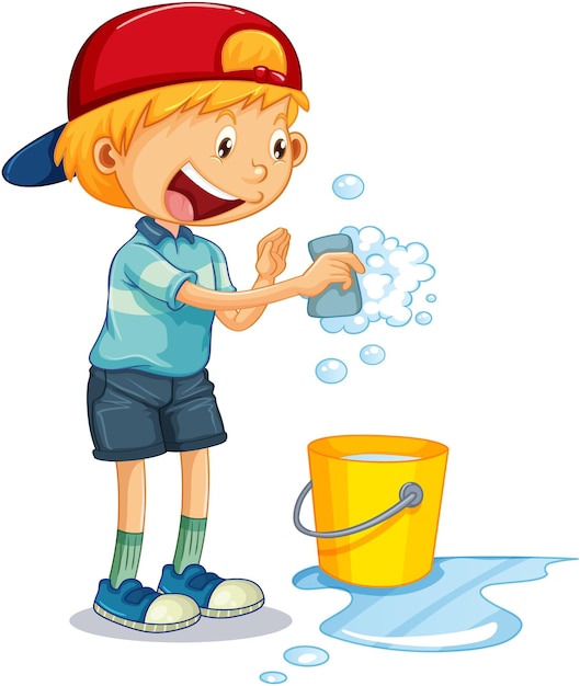 A boy holding sponge with bubbles for cleaning