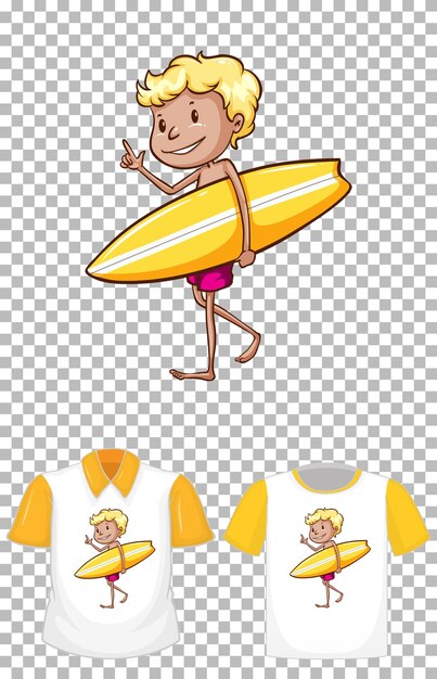 A boy holding yellow surf board cartoon character design for t-shirt isolated