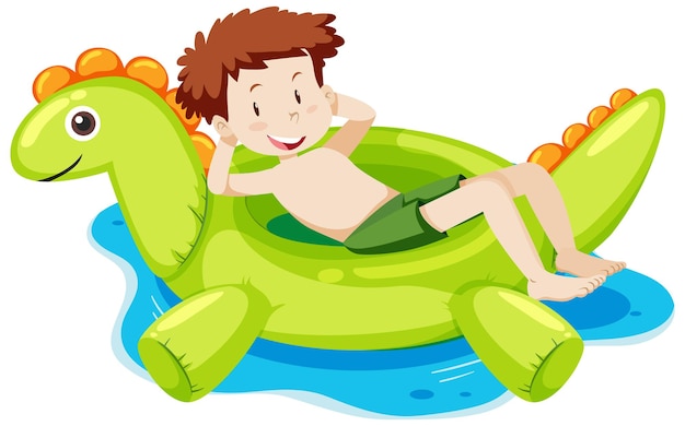 Free Vector a boy laying on the dinosaur swimming ring in the water isolated