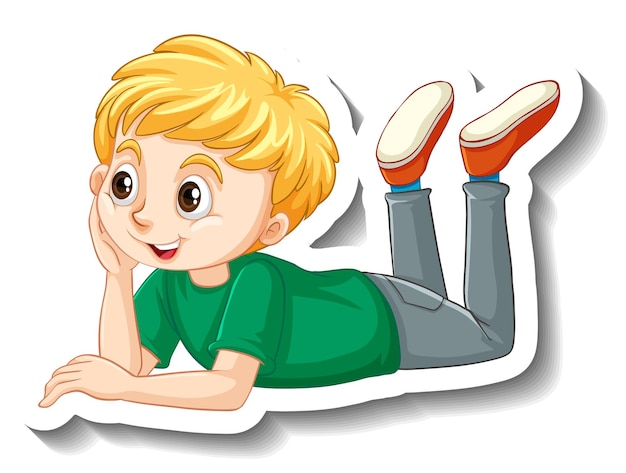 Free vector a boy laying pose cartoon character sticker