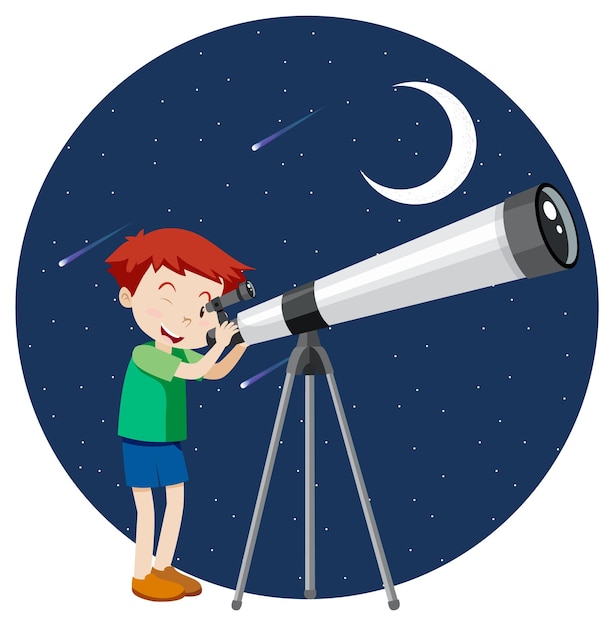 A boy looking through telescope at night