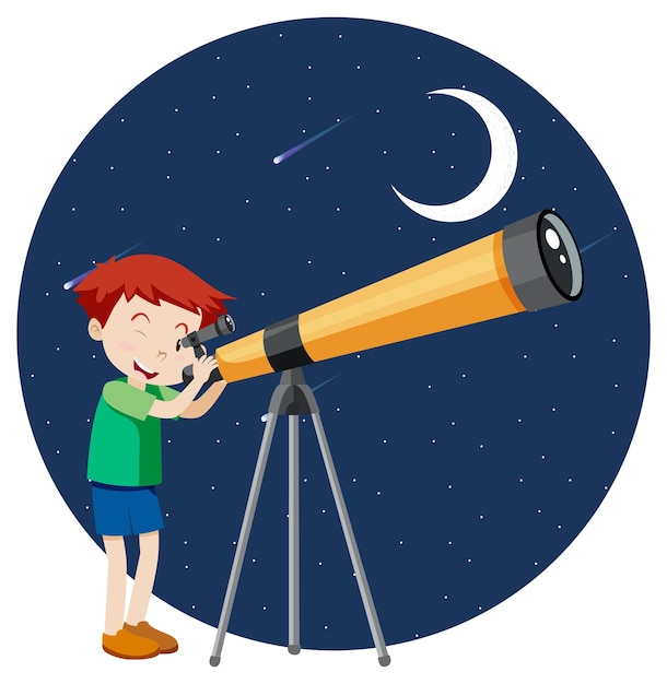 A boy looking through telescope at night