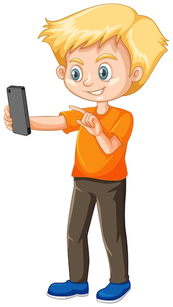 Boy in orange shirt using smart phone cartoon character isolated on white background