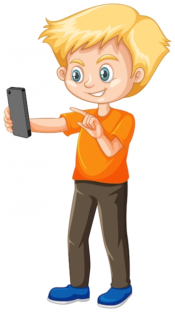 Boy in orange shirt using smart phone cartoon character isolated