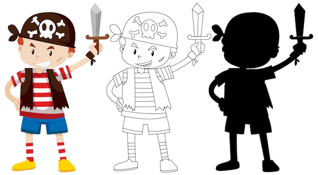 Free Vector boy in pirate costume with its outline and silhouette