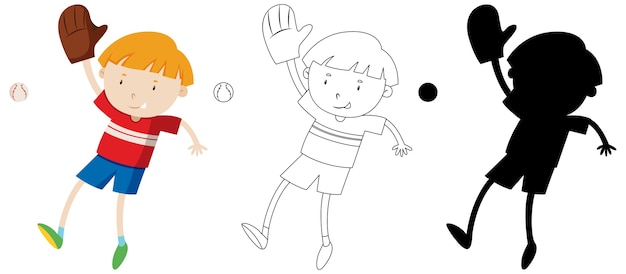 Free Vector boy playing baseball with its outline and silhouette