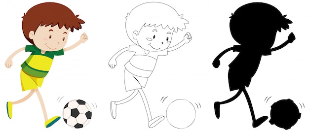 Boy playing football in colour and outline and silhouette