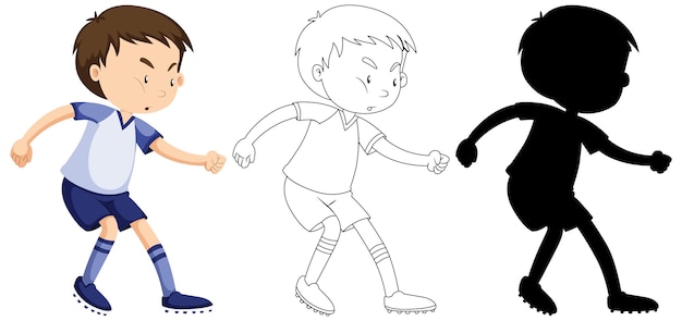 Free Vector boy playing soccer in colour and outline and silhouette