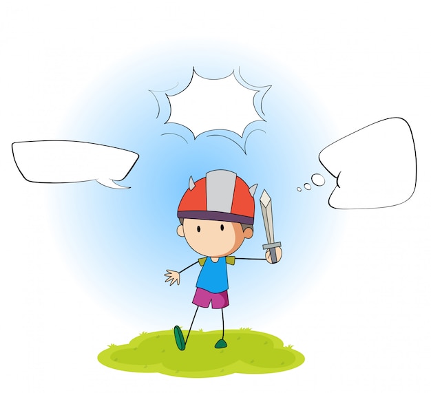 Boy playing sword with speech balloon