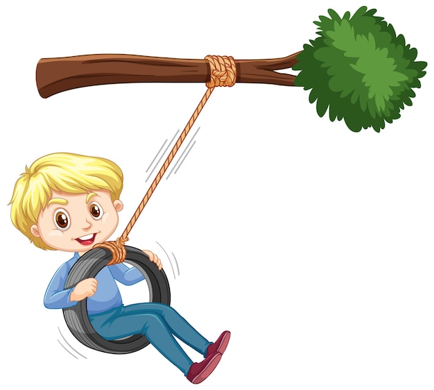 Free Vector boy playing tire swing under the branch on white background