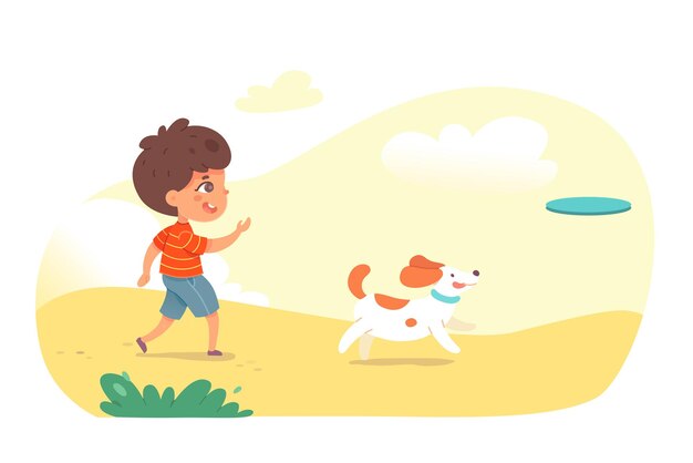 Boy playing with puppy in park or playground child with dog throwing game pet jumping in nature