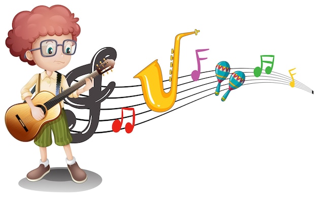 Free Vector boy plays guitar and music notes in background