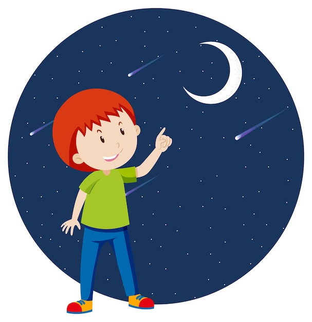 A boy pointing finger to the moon