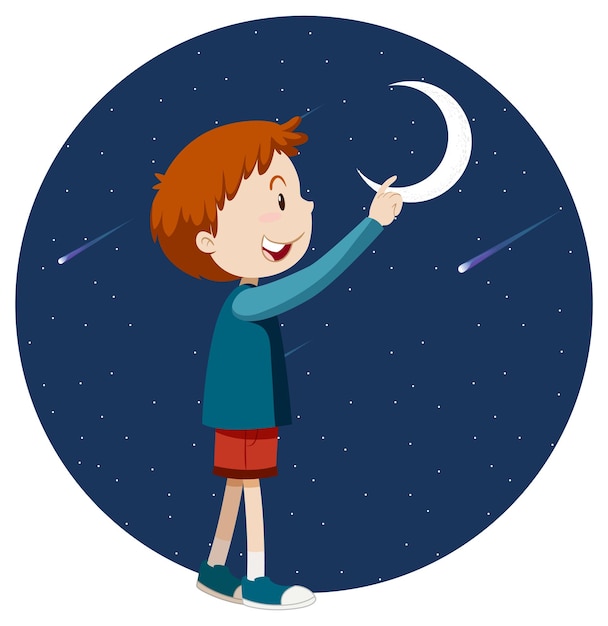 A boy pointing finger to the moon