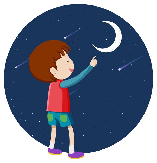 A boy pointing finger to the moon