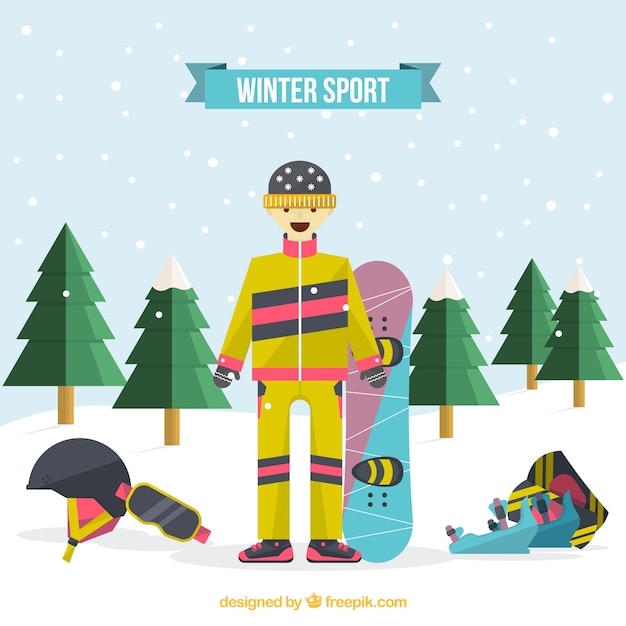 Free vector boy practicing snowboarding in a landscape in flat design