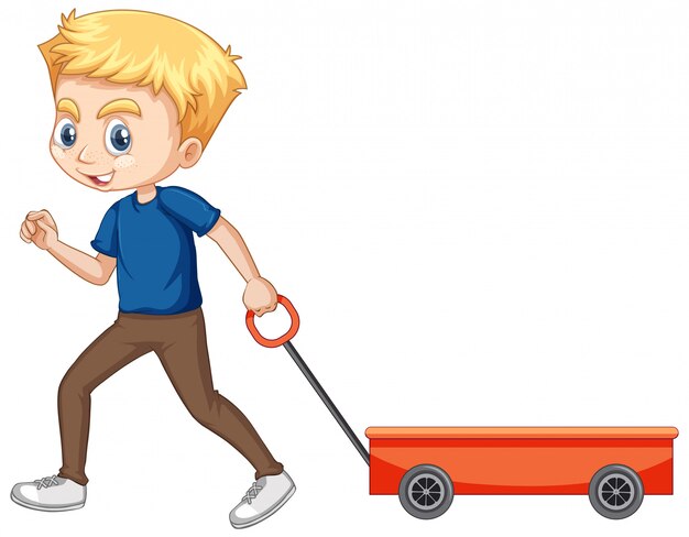 Boy pulling wagon on isolated background