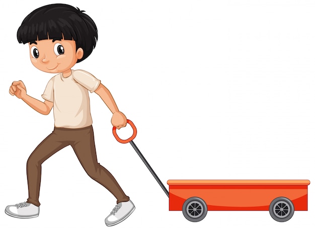 Boy pulling wagon isolated