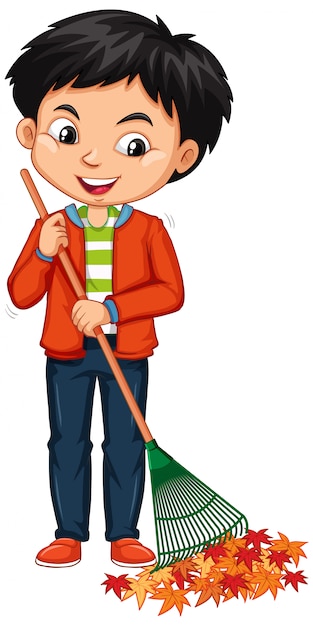 Free vector boy raking leaves on white