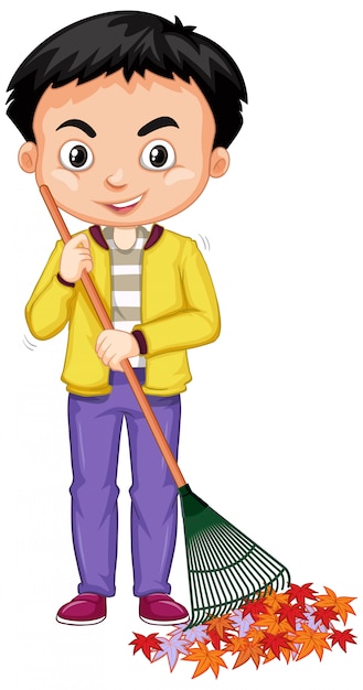 Free vector boy raking leaves with rake on white