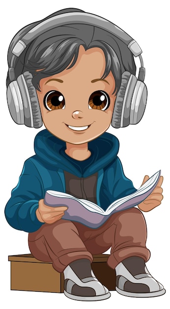 Free Vector boy reading a book and wearing headset