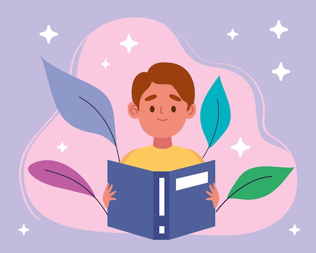 Free Vector boy reading book with leafs