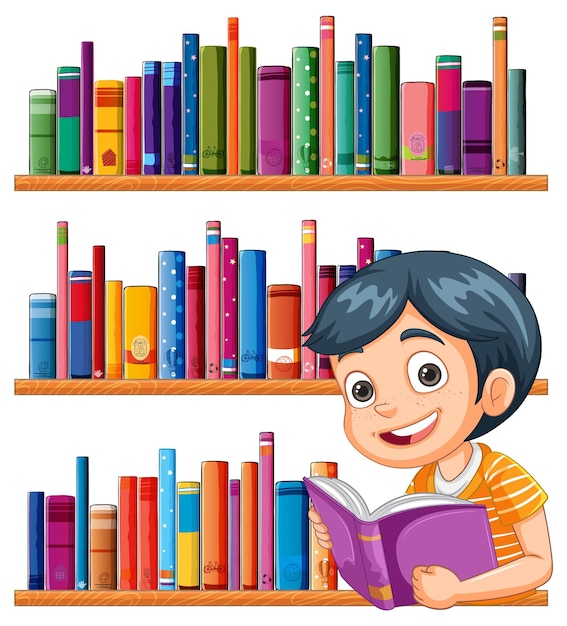 Free Vector boy reading in a library