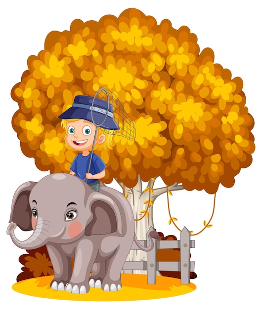 Free Vector boy riding elephant near tree