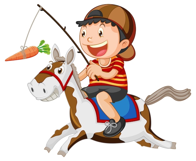 Free Vector boy riding a horse fishing a carrot